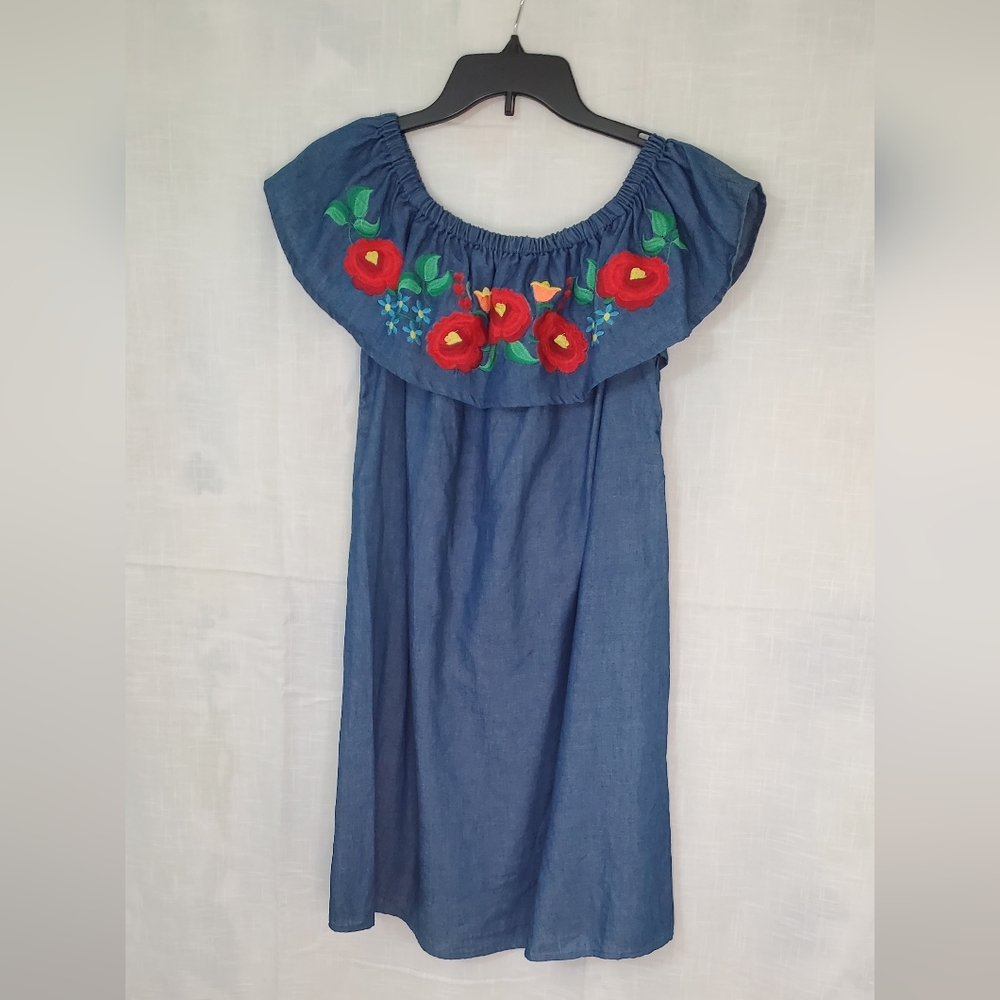 Kori Kids Denim Dress with Red and Green Embroidery